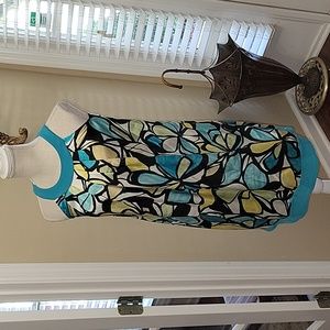 Paper Doll aqua white yellow black floral sleeveless silky dress sz L 12/14 EUC